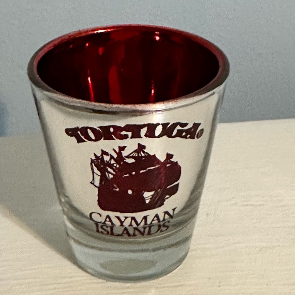 New Cayman Islands Tortuga Electroplate Souvenir Shot Glass Silver & Red